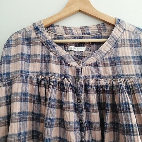 Free People We The Free Jessi Plaid Pleated Trapeze Top Balloon Sleeves Large - Picture 10 of 16